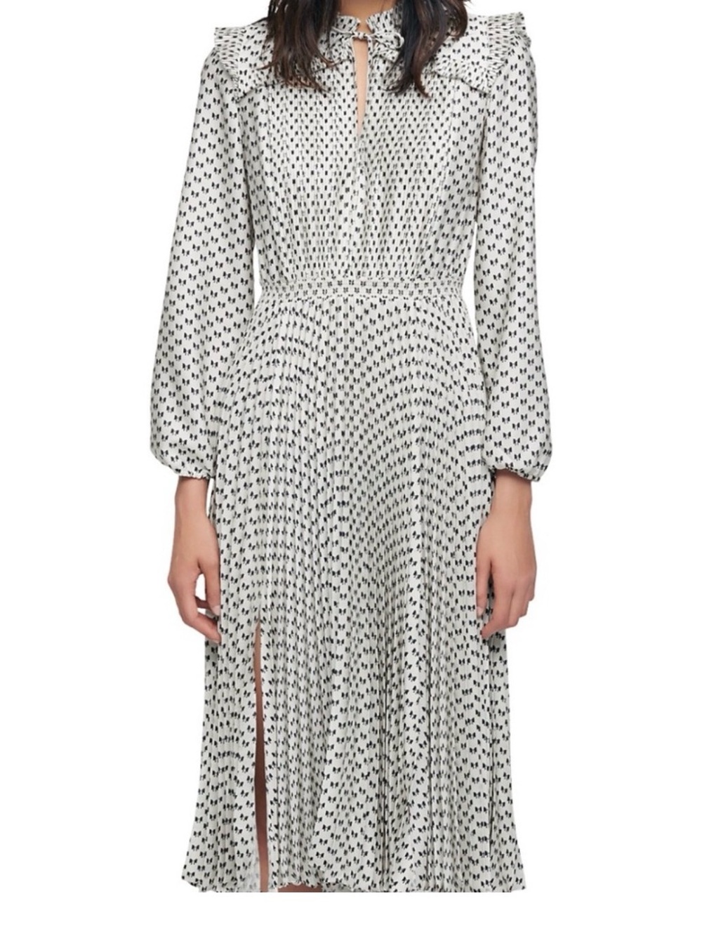 NWT Maje Ecru/White and Black Microprint Long-Sleeve Midi Dress